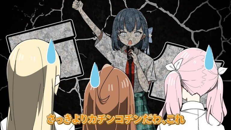 ▲ Setting illustration for the YouTube short animation drawn by Mr. Familiar. From left: Bas. Tsuki Fujimori, Dr. Futaba Shirase, Vocalist Yoshino Nagawa, Gut. Kanoe Sakano.